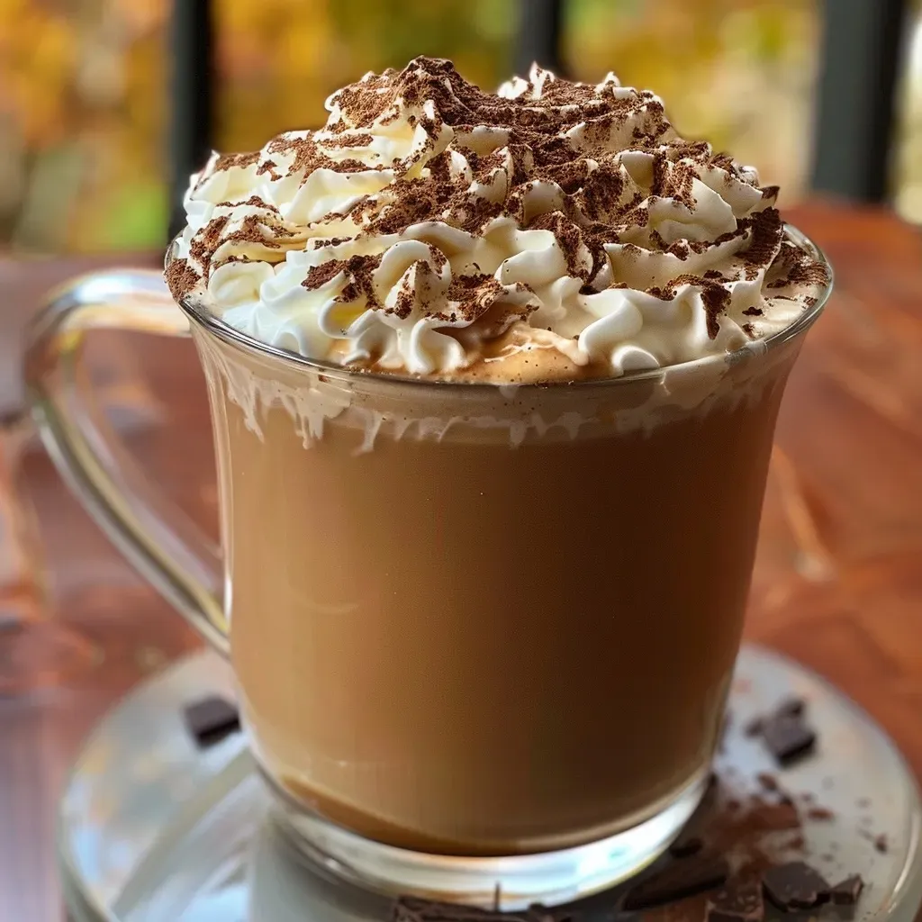 Latte de calabaza con chocolate espolvoreado.