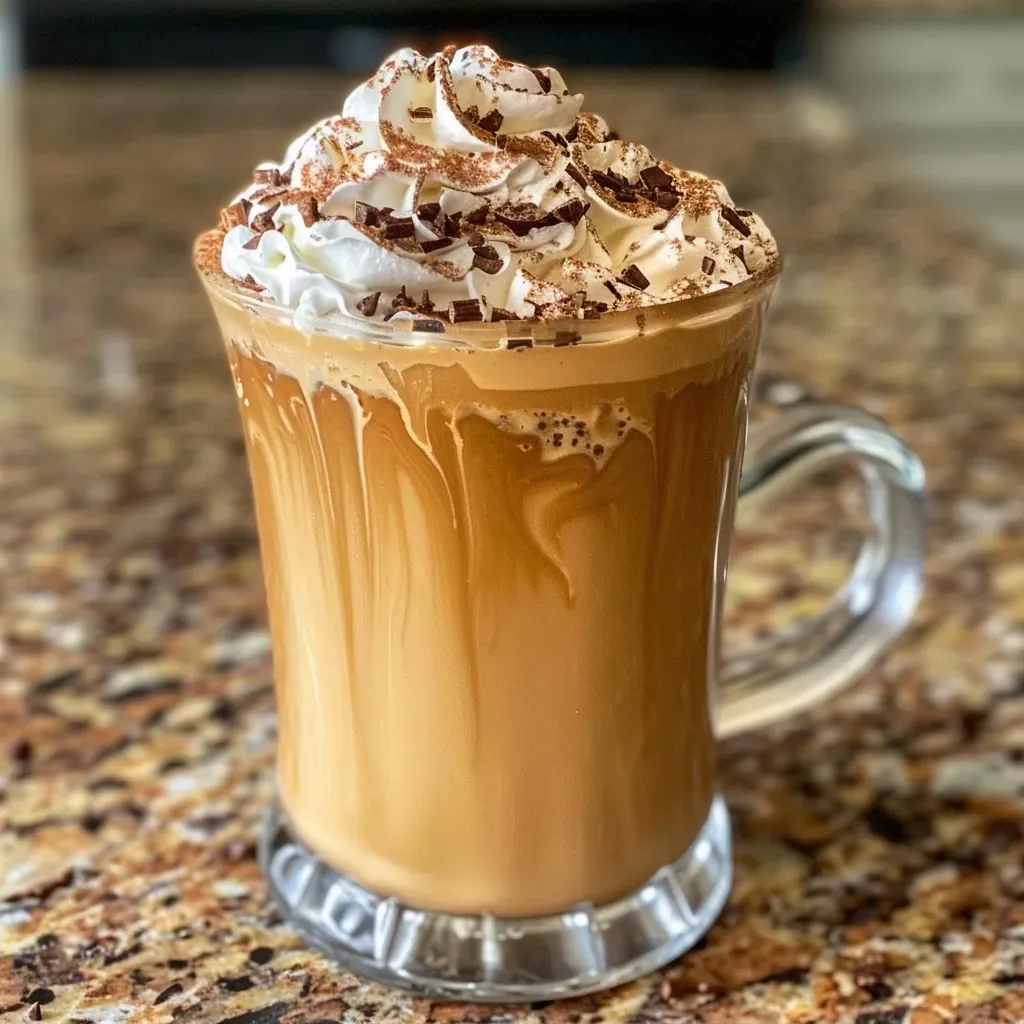 Primer plano de Mocha Pumpkin Spice Latte con crema.