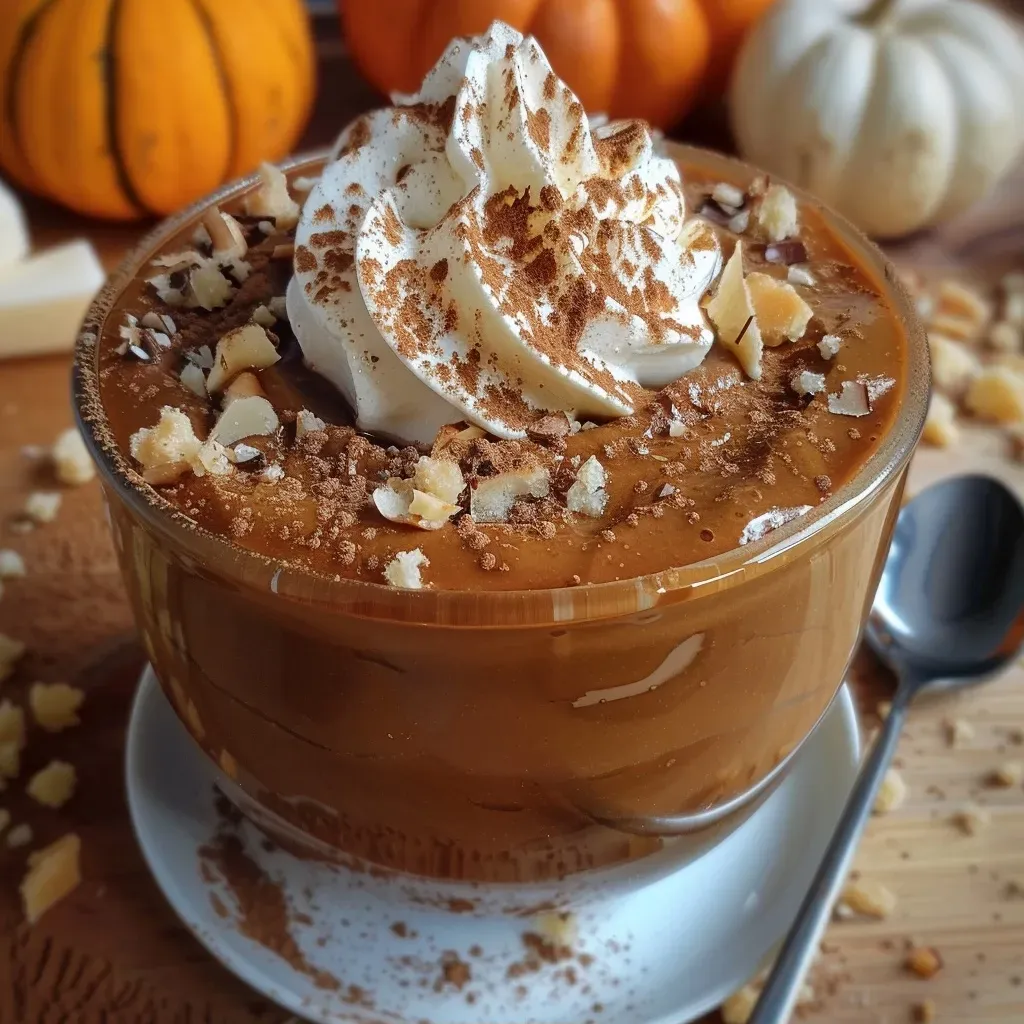 Mousse de calabaza decorado con bizcocho de chocolate.