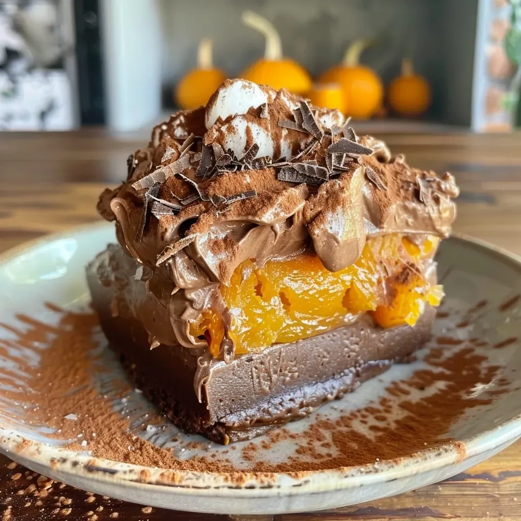 Postre de mousse de calabaza con base de chocolate visto de lado.