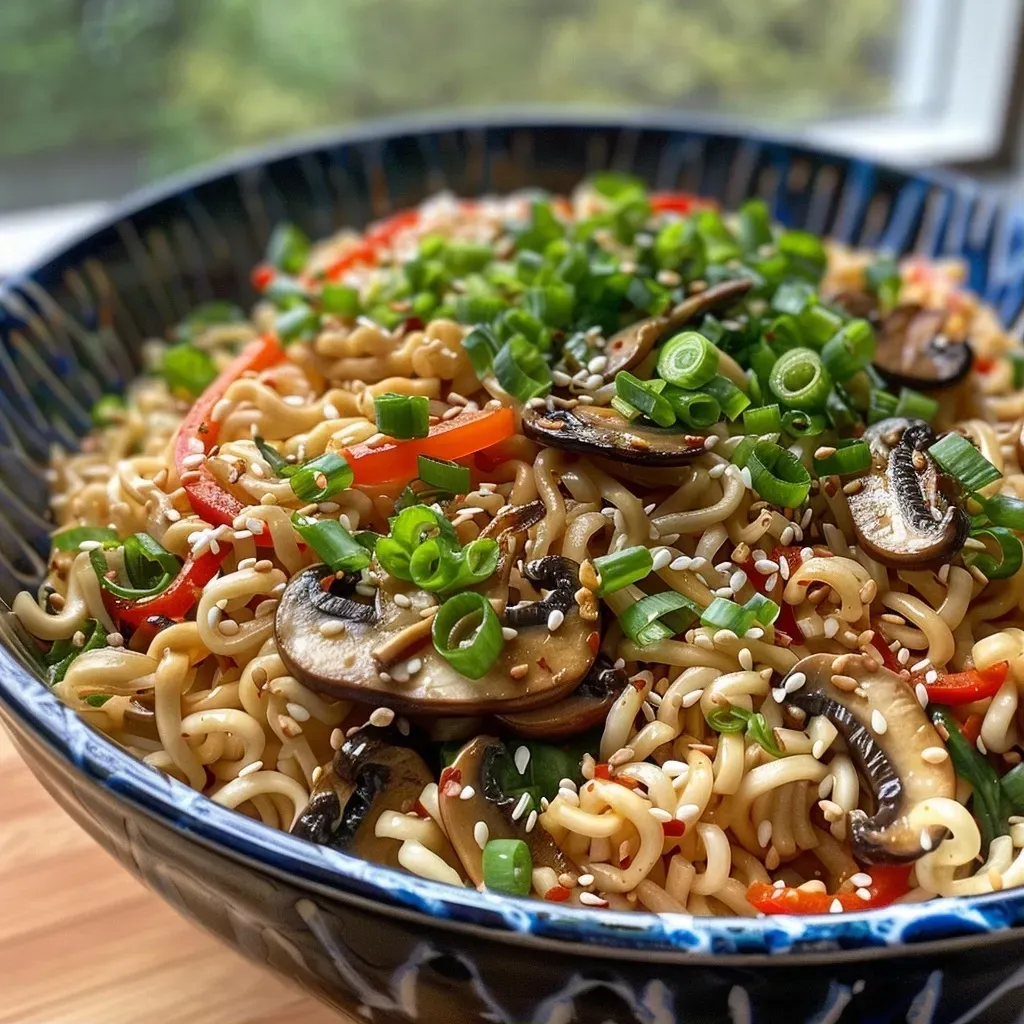 Primer plano de un plato de fideos ramen con champiñones.