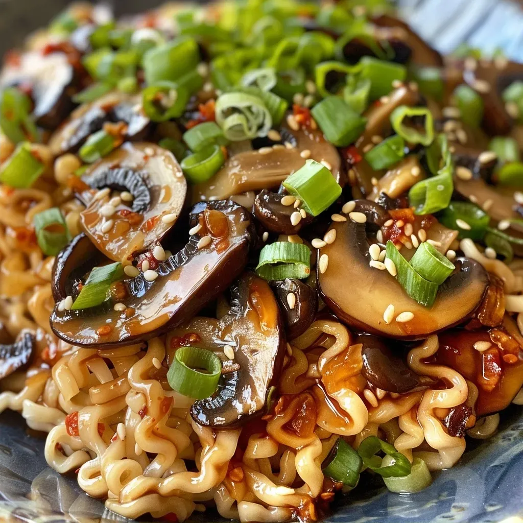 Ramen de champiñones en un tazón vista lateral.