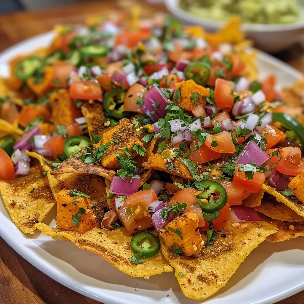 Nachos veganos con salsa de calabaza en un plato.