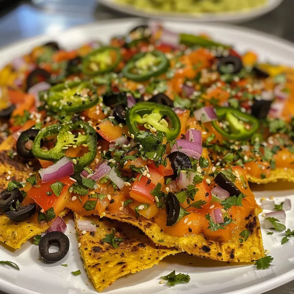 Primer plano de nachos veganos acompañados de salsa de calabaza.