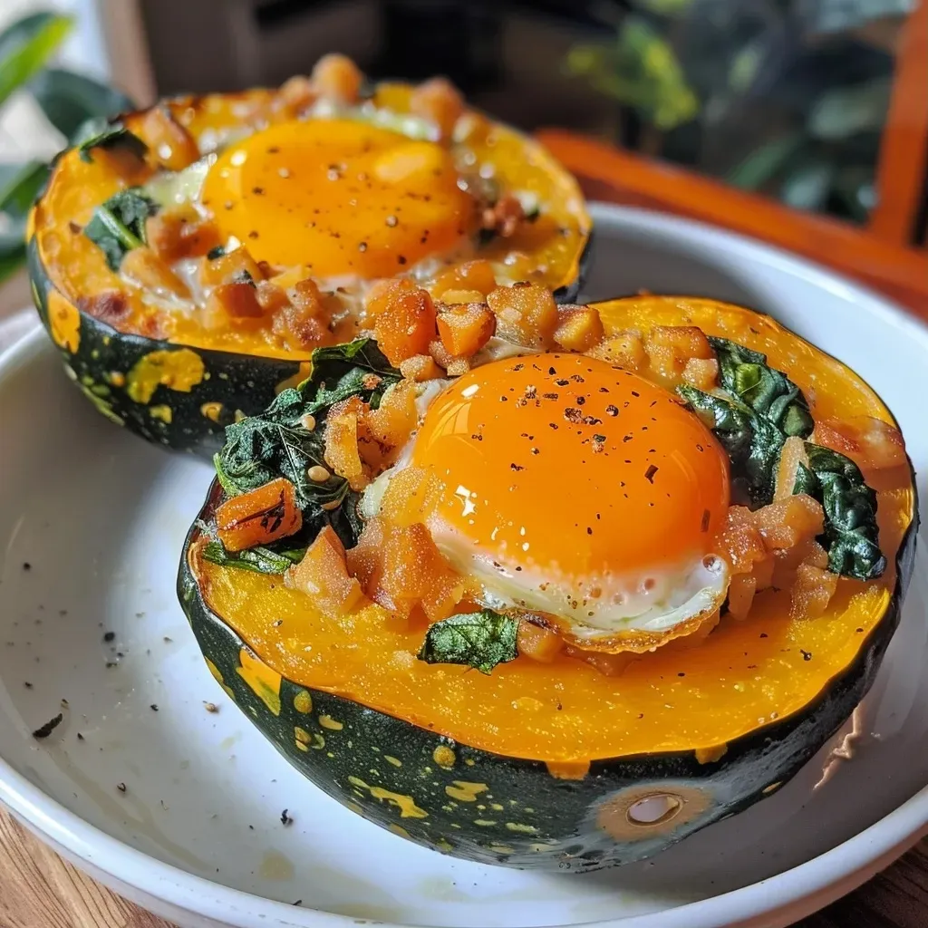 Niditos de calabaza y espinaca con huevo en primer plano.