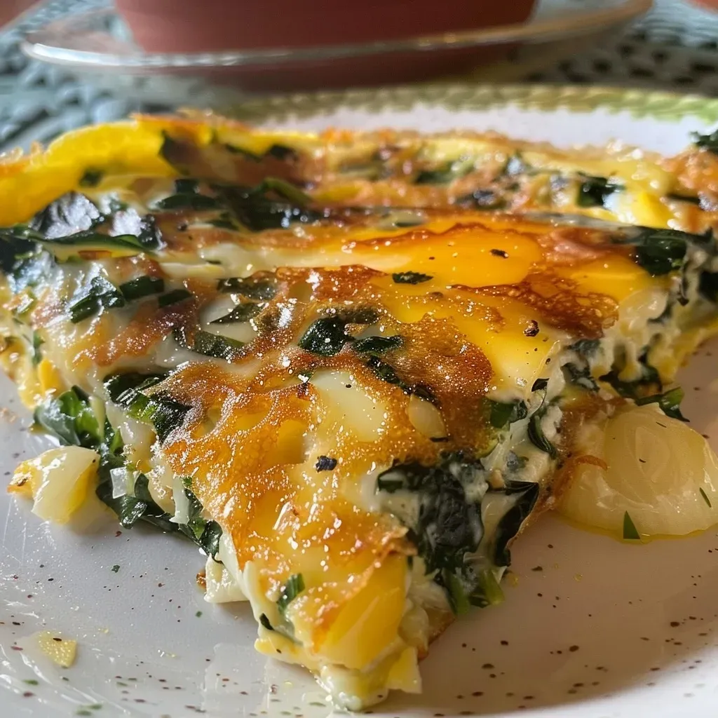 Omelette de espinacas con queso de cabra y panela, en primer plano.