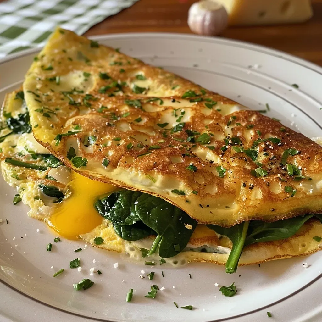 Delicioso omelette de espinacas y quesos, presentado desde un lado.