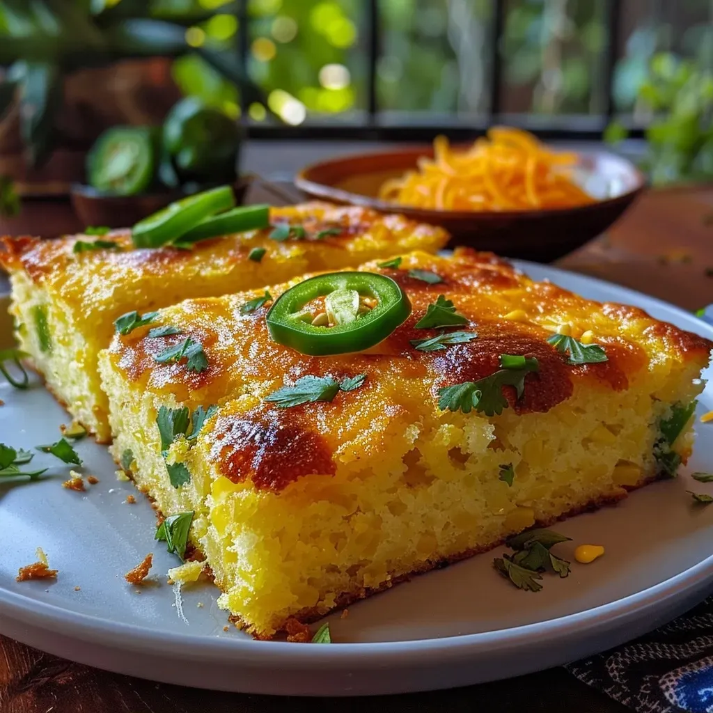 Pan de maíz con jalapeño recién horneado en una bandeja.