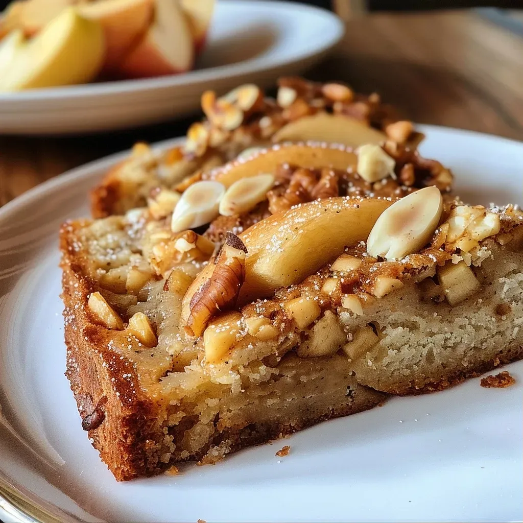 Pan de manzana, nueces y canela en un plato, visto de lado.