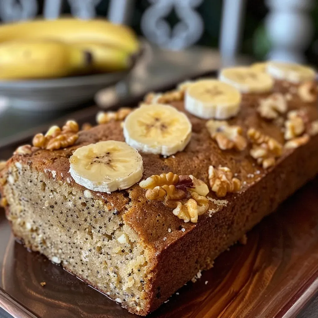 Pan de plátano y nuez recién horneado con textura dorada.