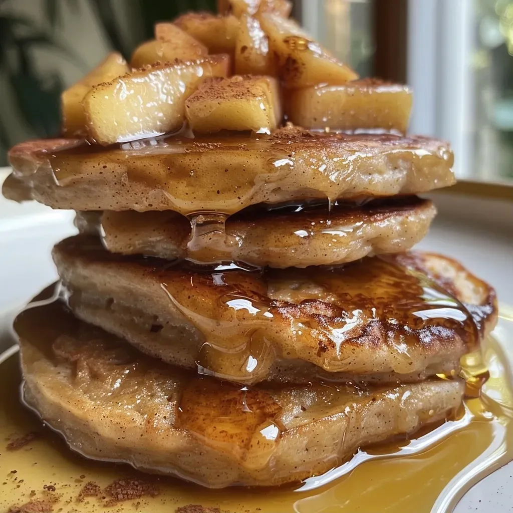 Panqueques de manzana y canela apilados en un plato con textura esponjosa.
