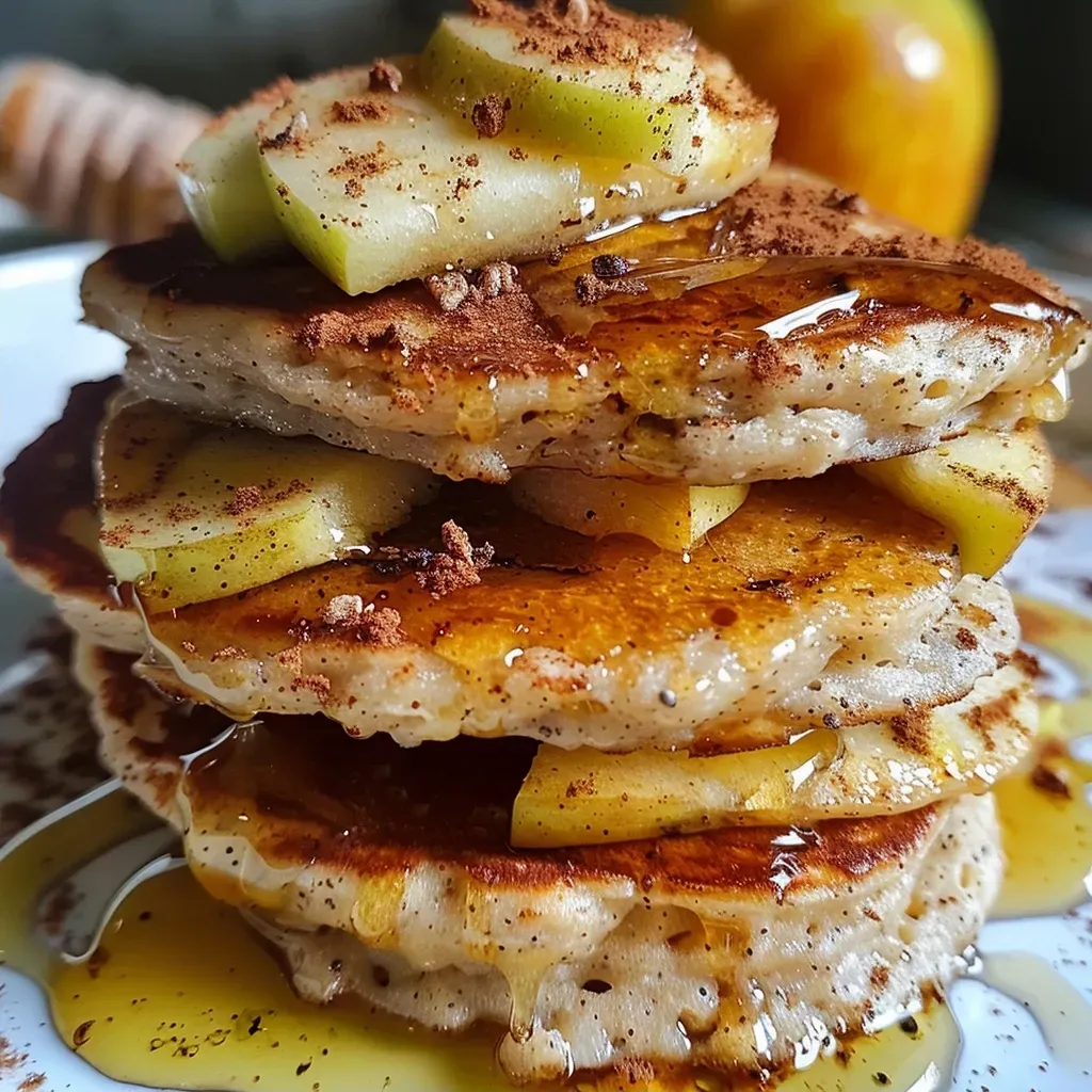 Primer plano de panqueques de manzana y canela, con un toque de miel.