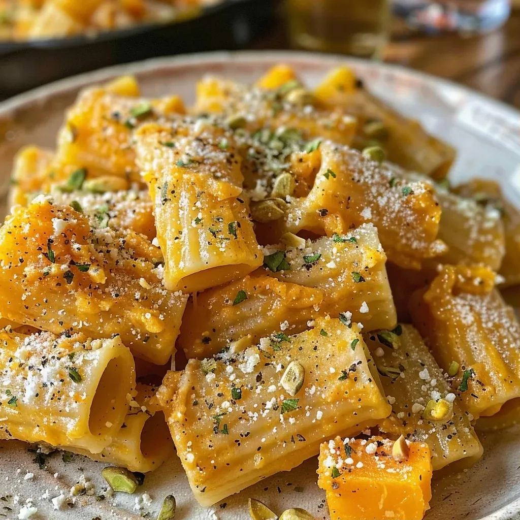 Plato de pasta de calabaza butternut con ingredientes coloridos.