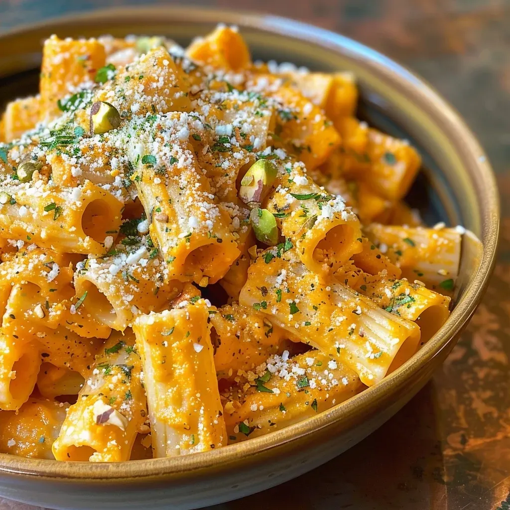 Rigatoni con salsa de calabaza y hierbas frescas en primer plano.
