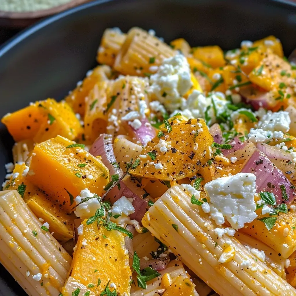 Tazón de pasta de calabaza con feta, vista lateral.