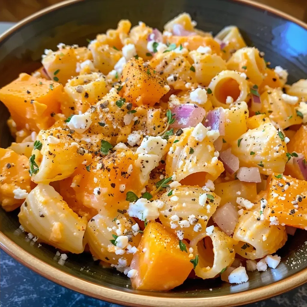 Pasta alta en proteínas con calabaza y queso feta, primer plano.