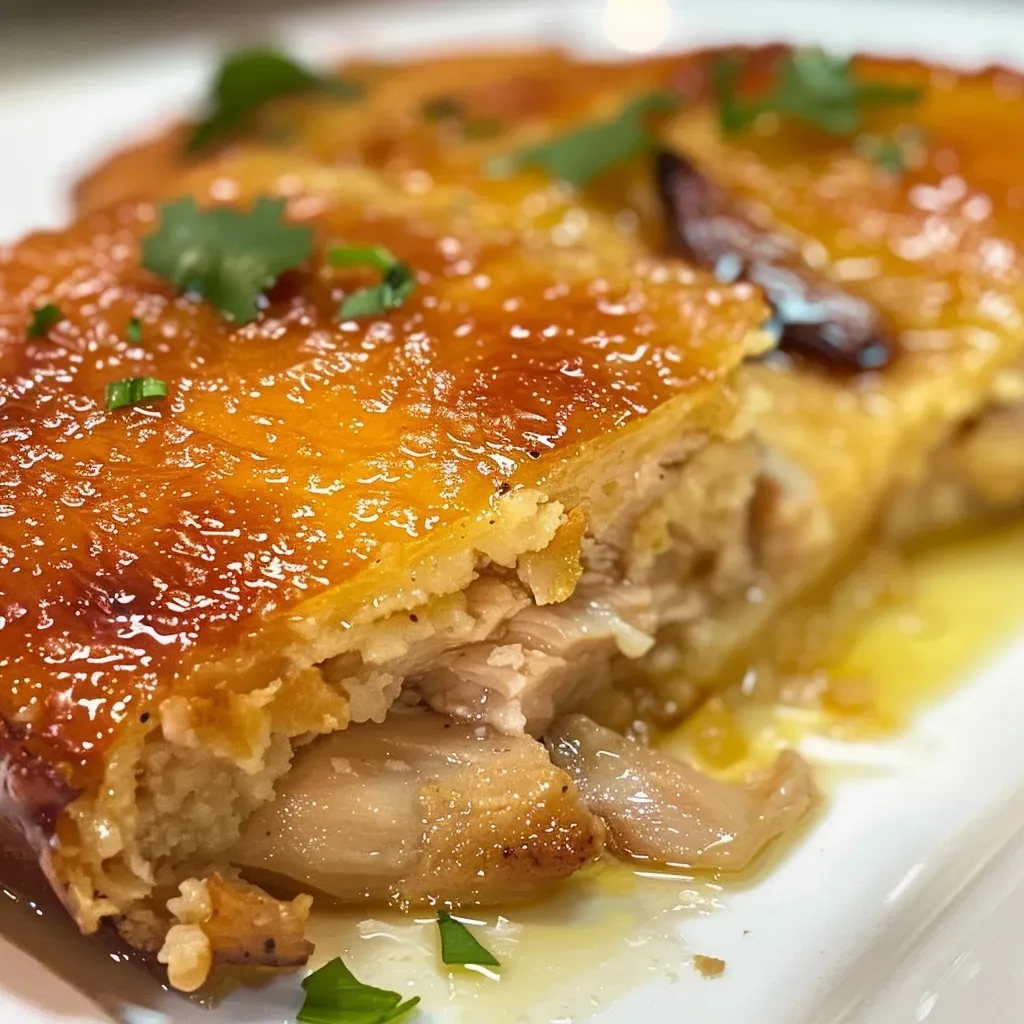Pastel de pollo y puerros en un plato, visto de lado.