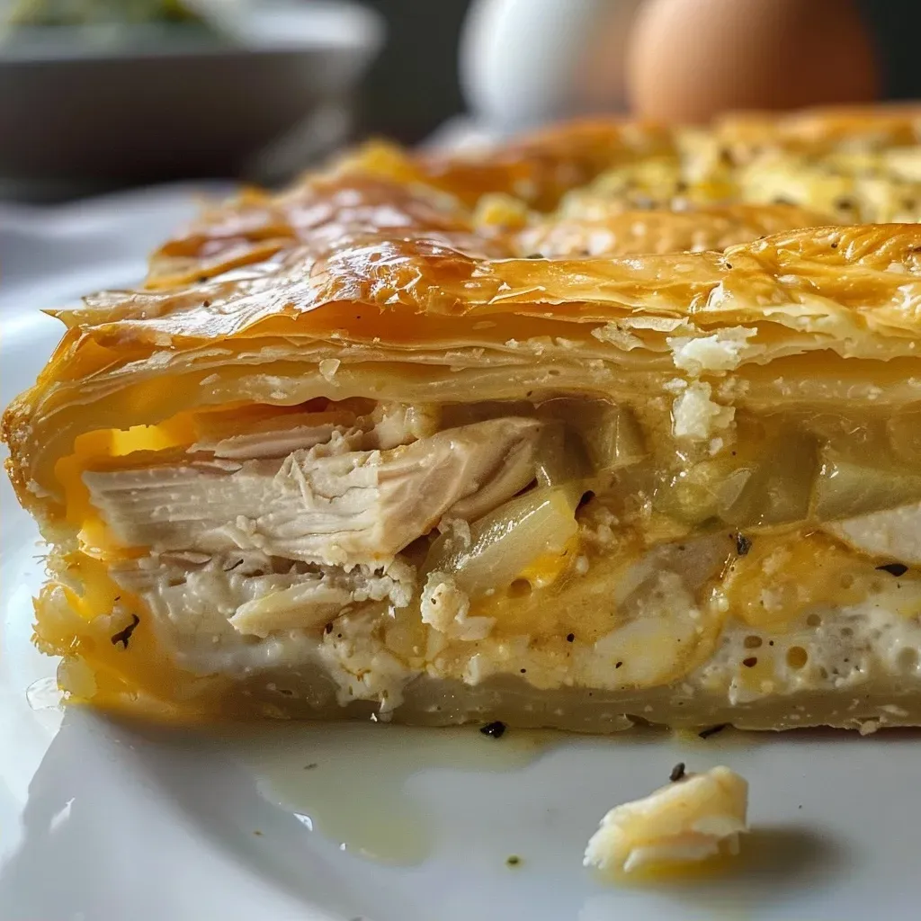 Pastel de pollo dorado y suculento, mostrado en primer plano.