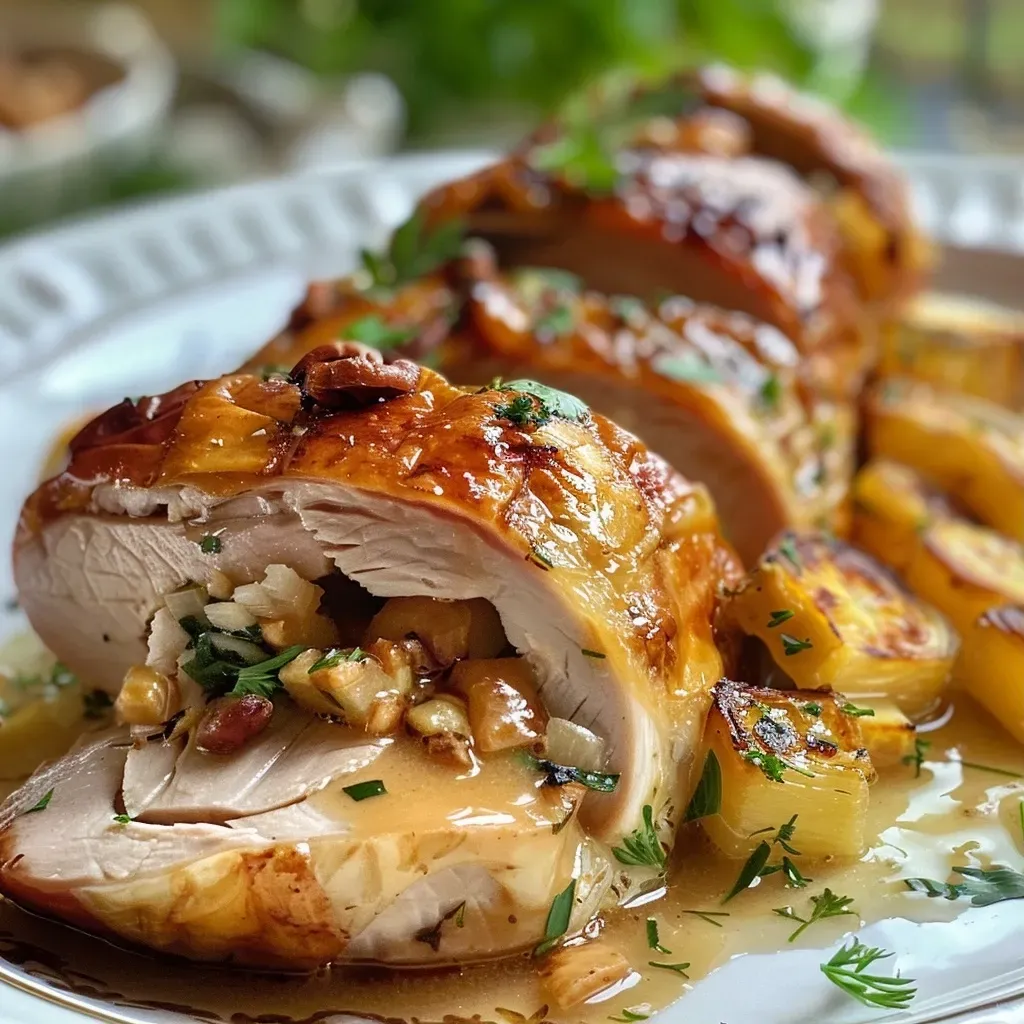 Pavo Relleno jugoso con ingredientes visibles.