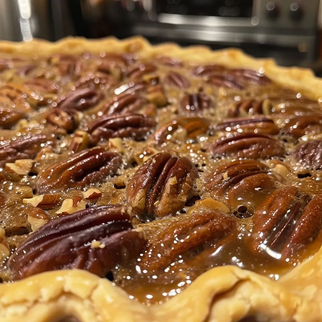 Pie de nuez pecana con textura dorada y deliciosa.