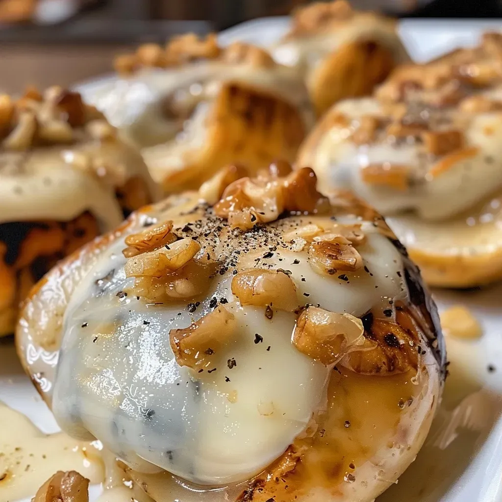 Peras rellenas de queso azul, nueces y miel.