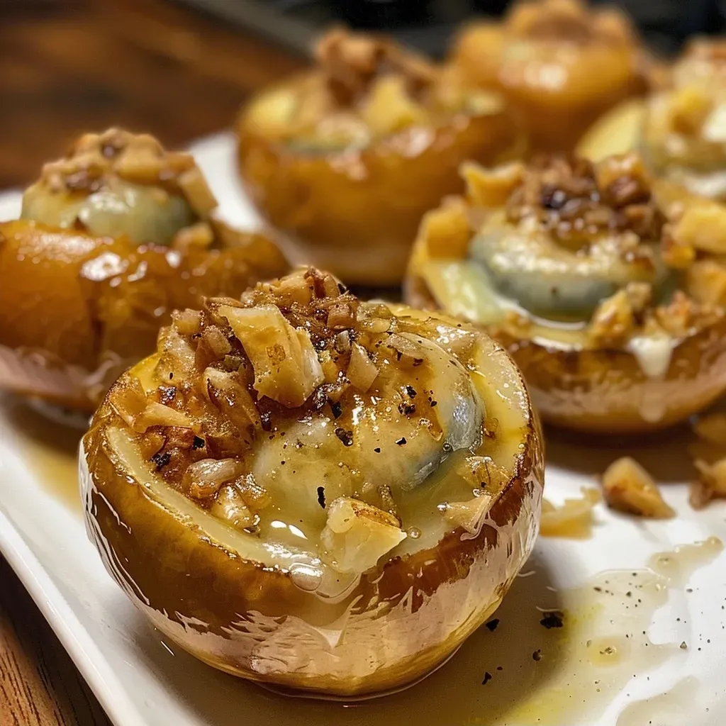 Primer plano de peras con queso azul y nueces.