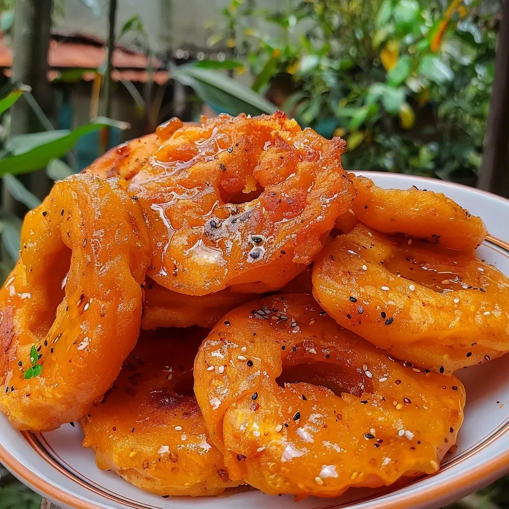 Picarones peruanos dorados y esponjosos en un plato.