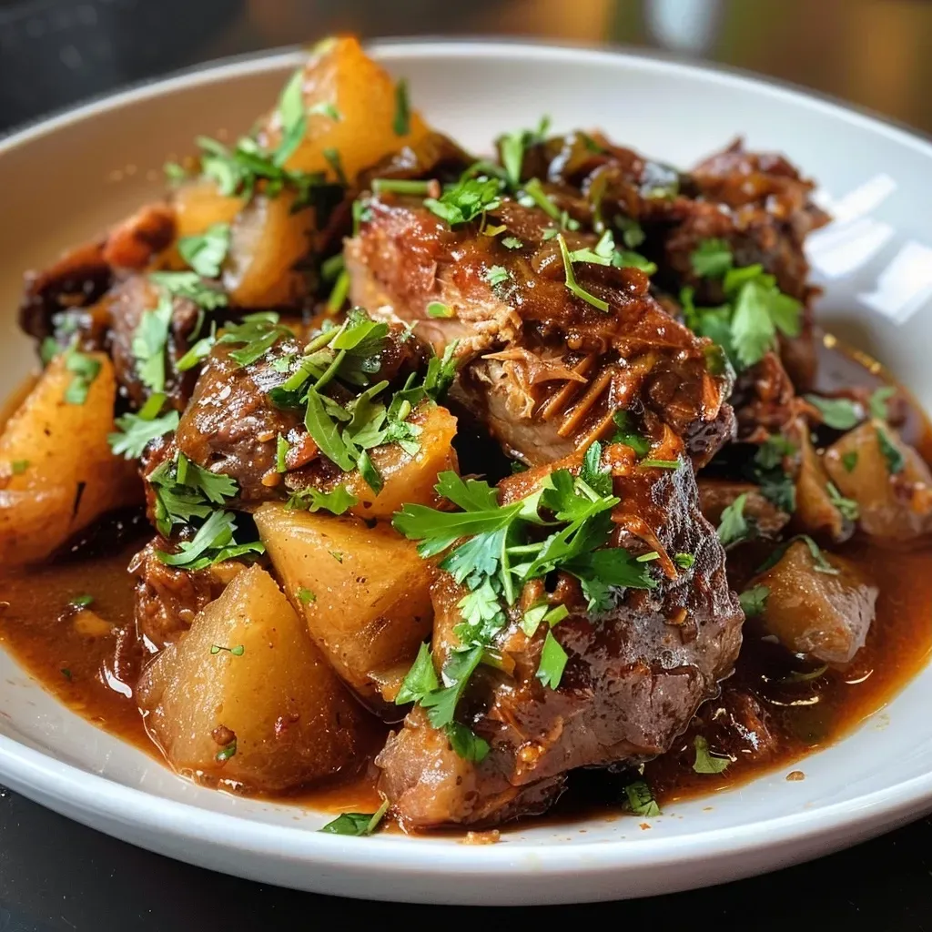 Pierna de puerco en salsa de piña presentada en un plato.