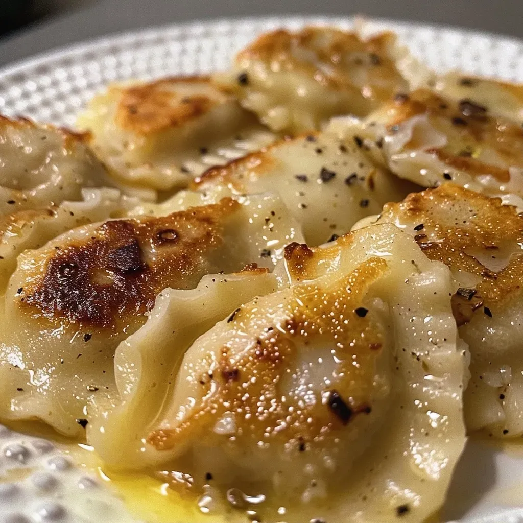 Pierogi relleno de papa y queso en primer plano.