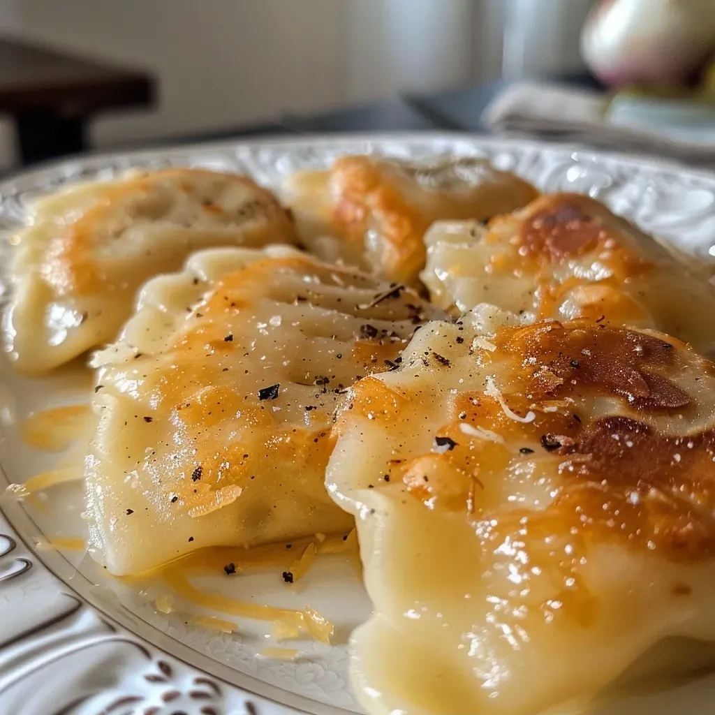 Deliciosos pierogi en vista lateral, mostrando su grosor.