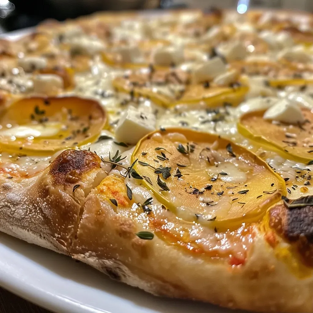 Pizza farcita con zucca y scamorza affumicata vista lateral.