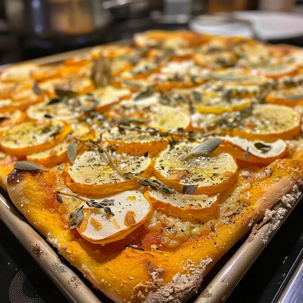 Primer plano de pizza rellena con calabaza y queso ahumado.