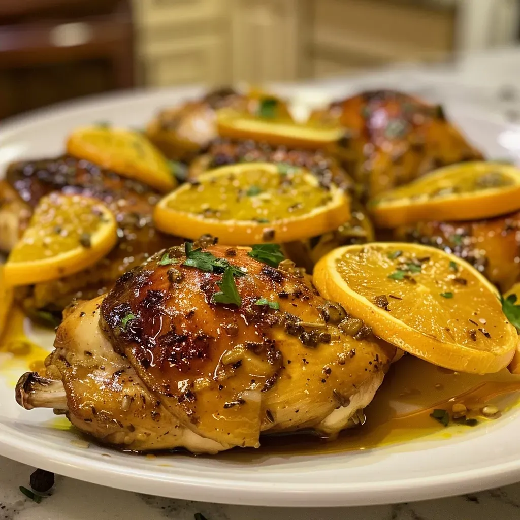 Primer plano de Pollo a la Naranja servido.