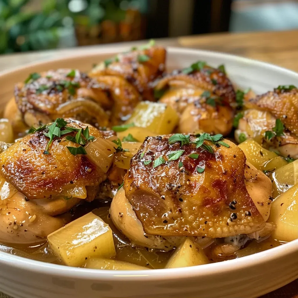 Juicy Pollo a la Sidra con manzanas en un plato.