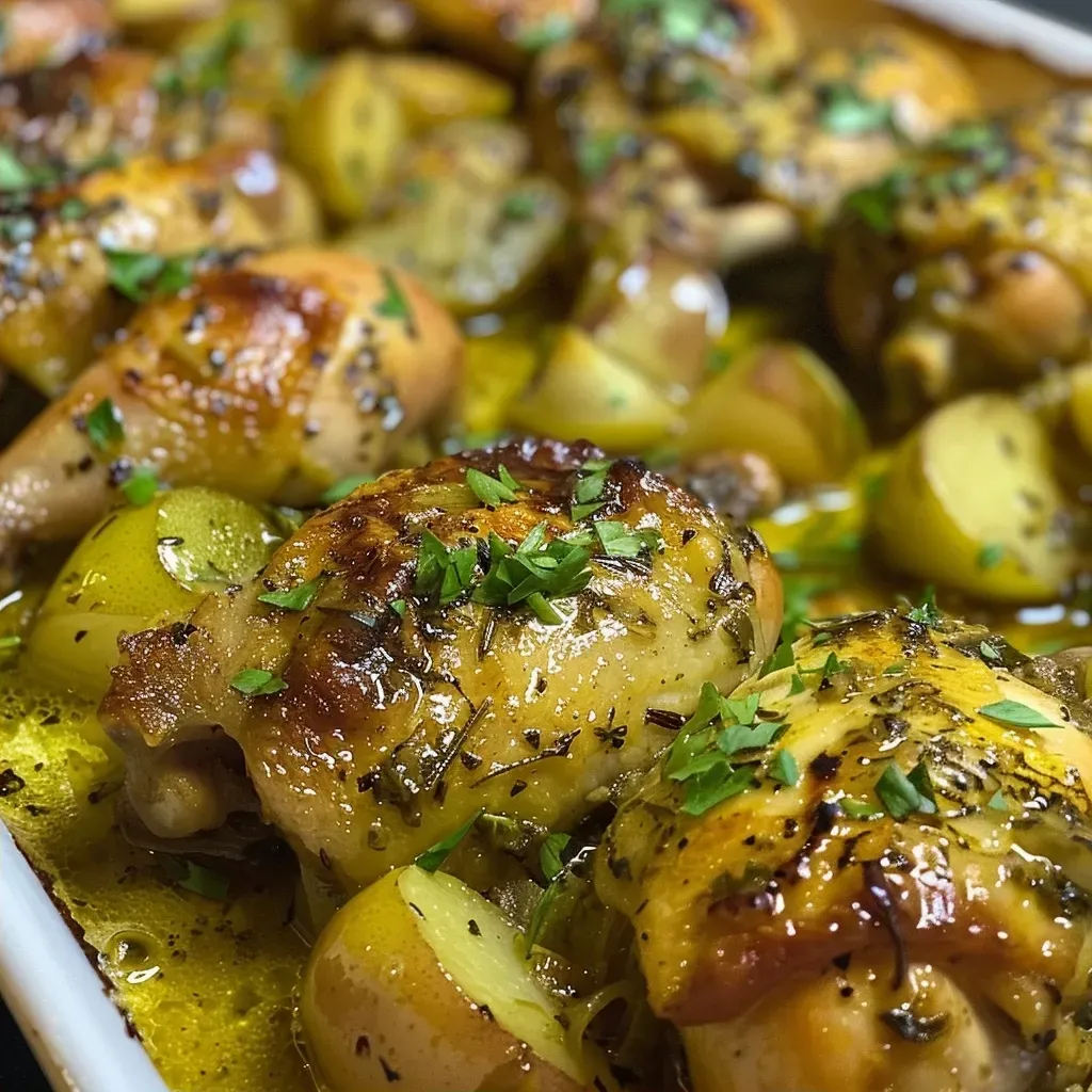 Vista lateral de Pollo a la Sidra con rodajas de manzana.