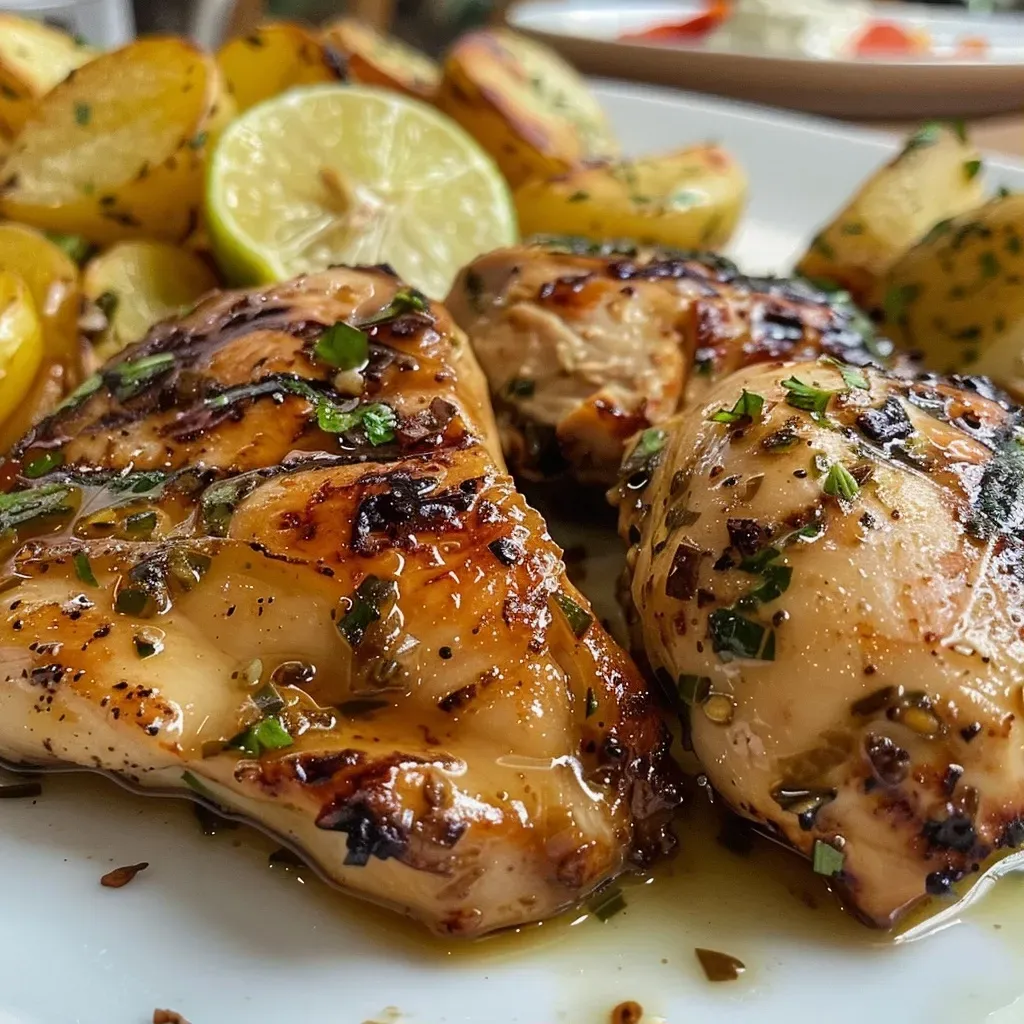 Pollo asado jugoso, acompañado de hierbas y limón.