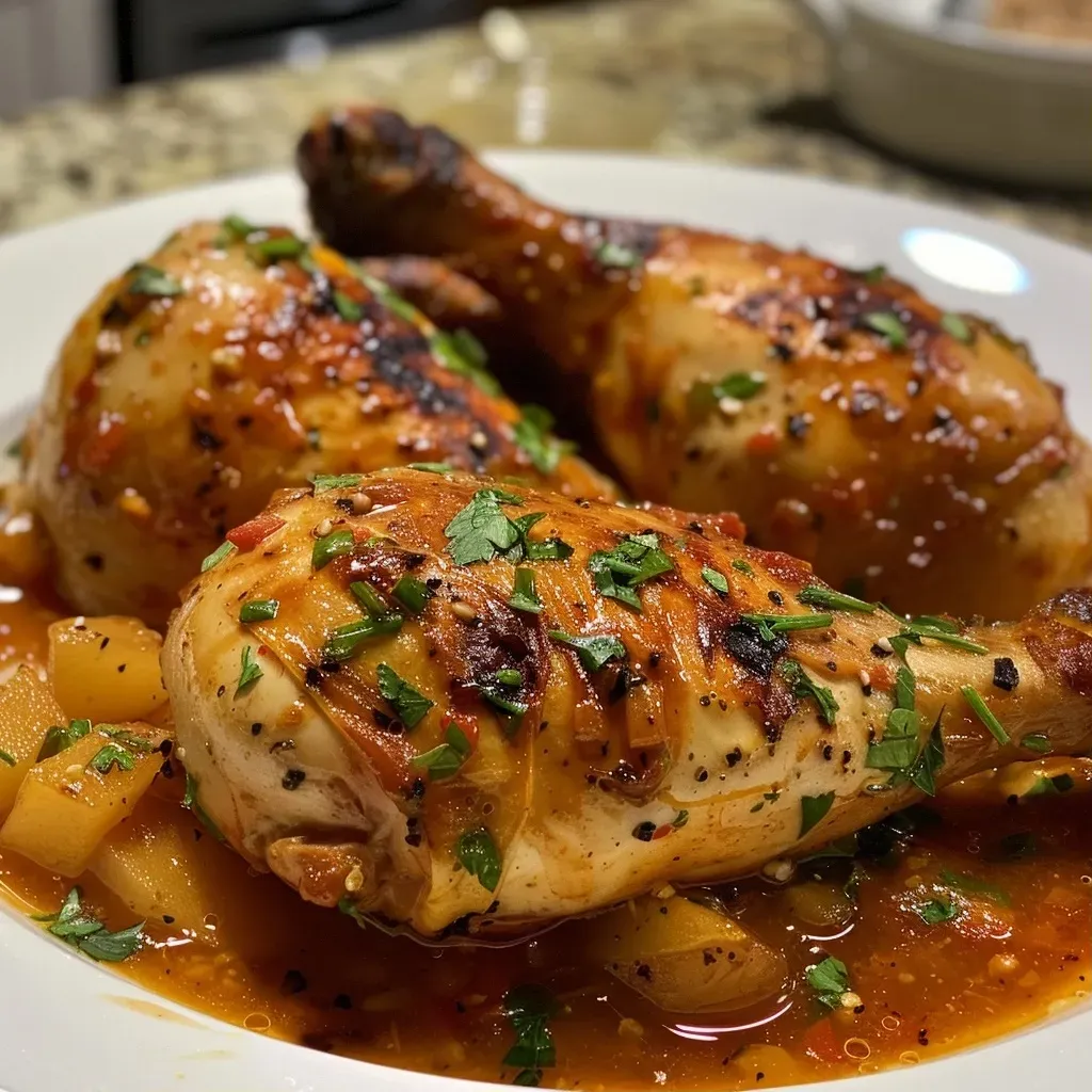 Pollo en salsa de sidra y manzana en un plato.