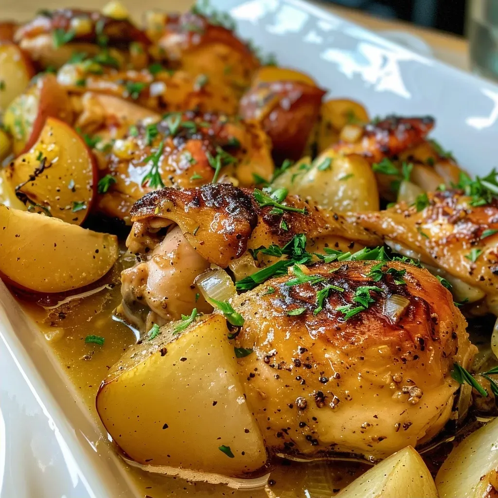 Contramuslos de pollo con salsa de sidra y manzana.