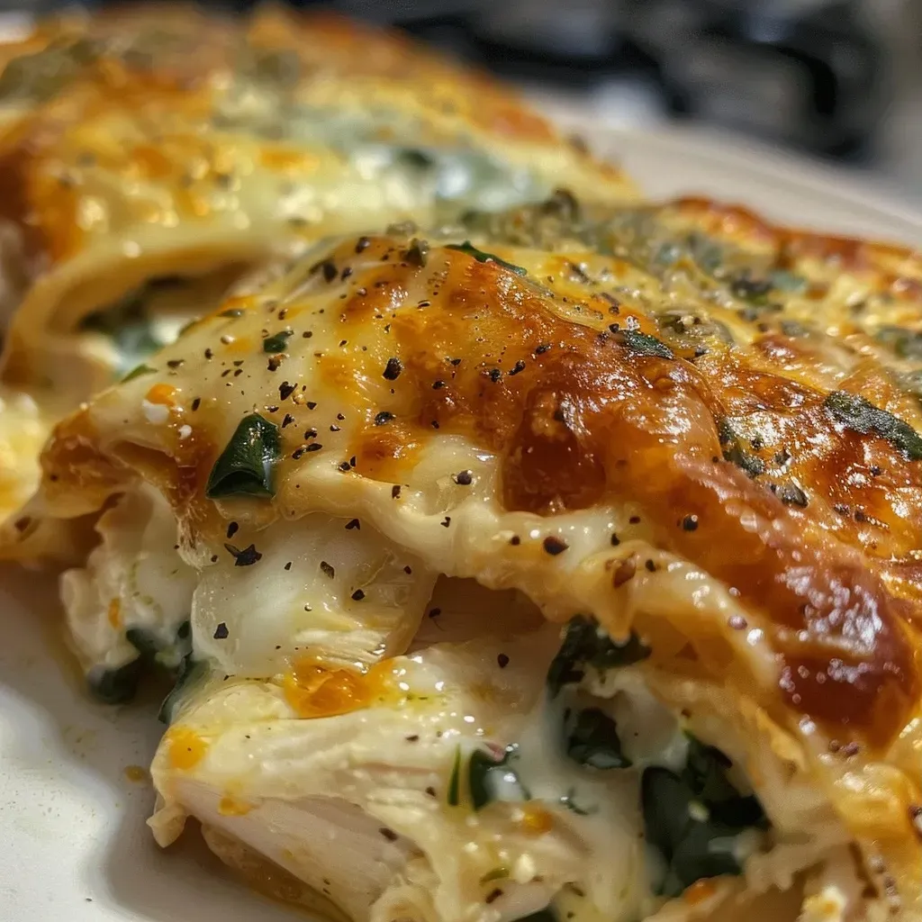 Pollo relleno con espinaca y queso en una presentación apetitosa.