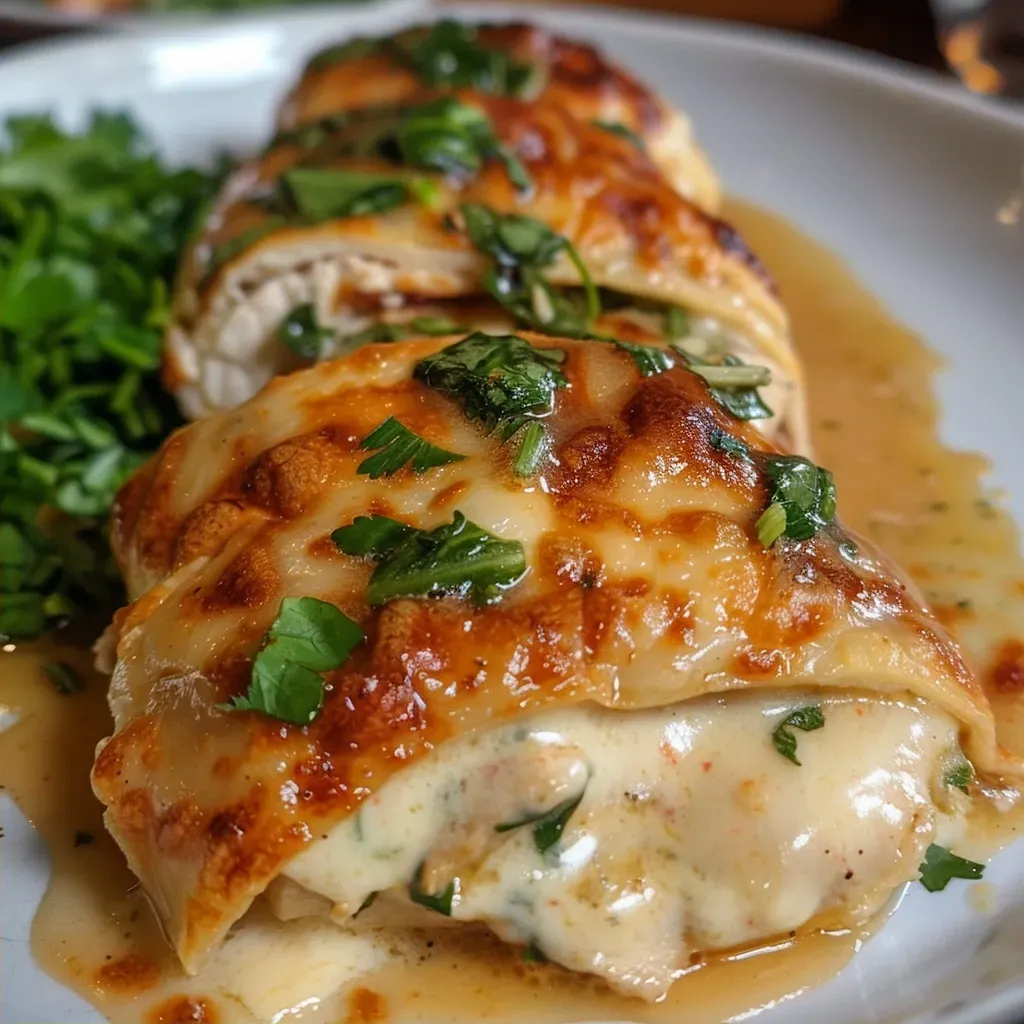 Pechugas de pollo rellenas, mostrando el relleno de espinaca y queso.