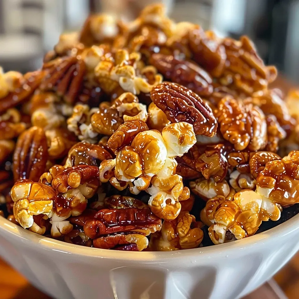 Primer plano de palomitas de maíz con caramelo y nueces.