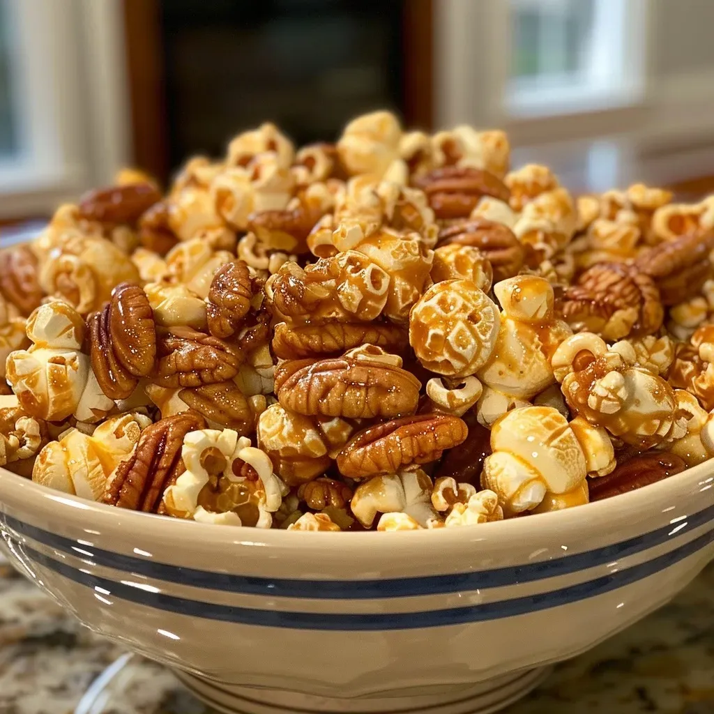 Palomitas de maíz cubiertas de praline y nueces en un tazón.