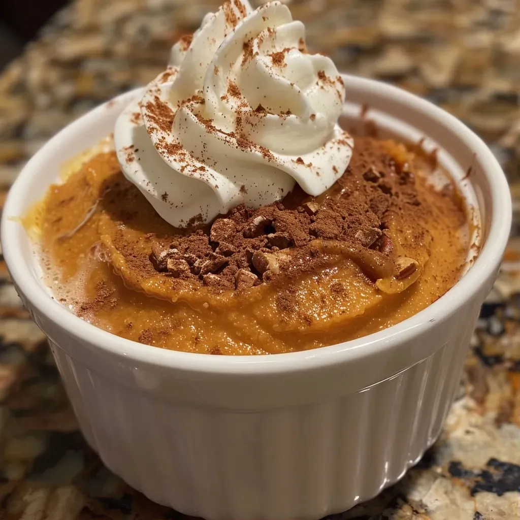 Pudding de calabaza en un tazón, decorado con crema batida.