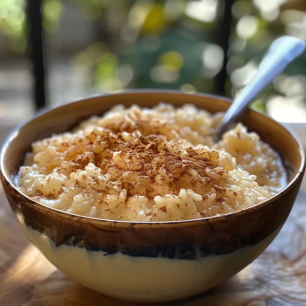 Pudín de arroz cremoso en un tazón.