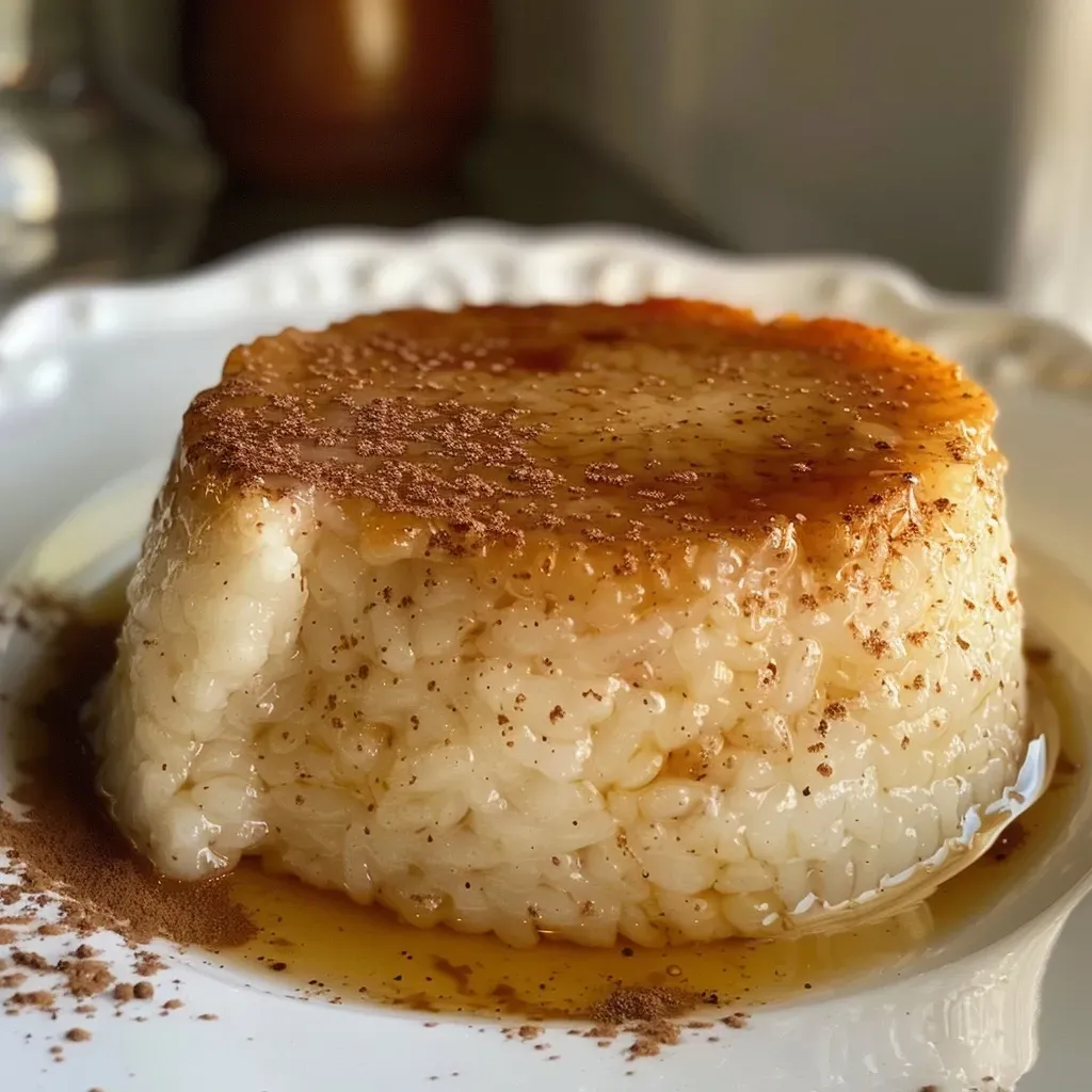 Close up de pudín de arroz decorado con canela.