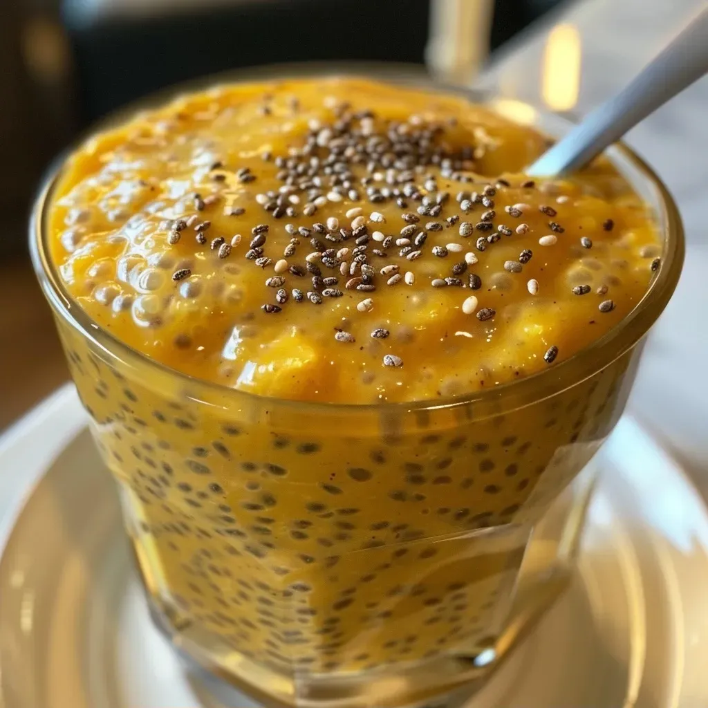 Primer plano de pudín de chía con calabaza y yogur griego.