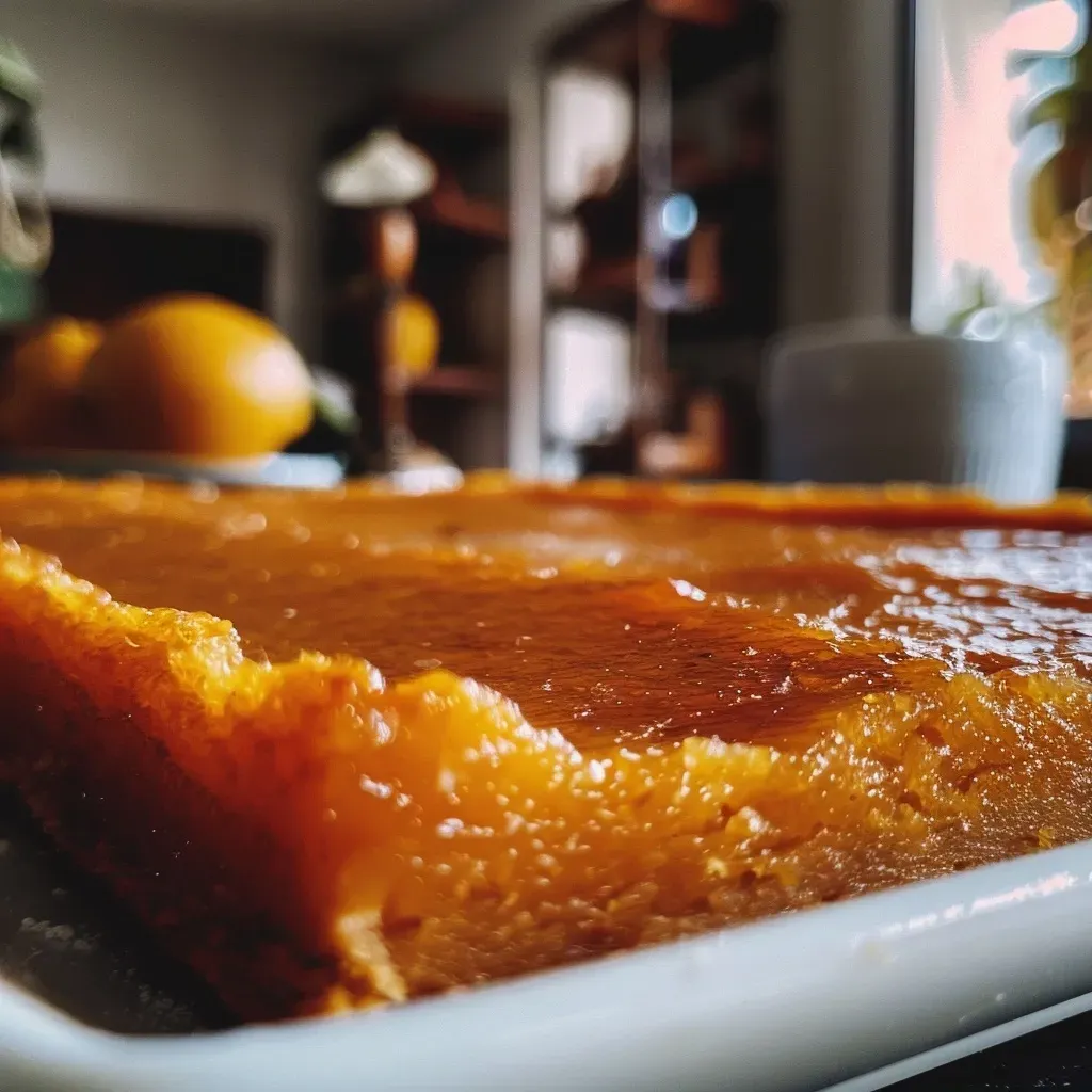 Pudín de pan y calabaza presentado en un plato.