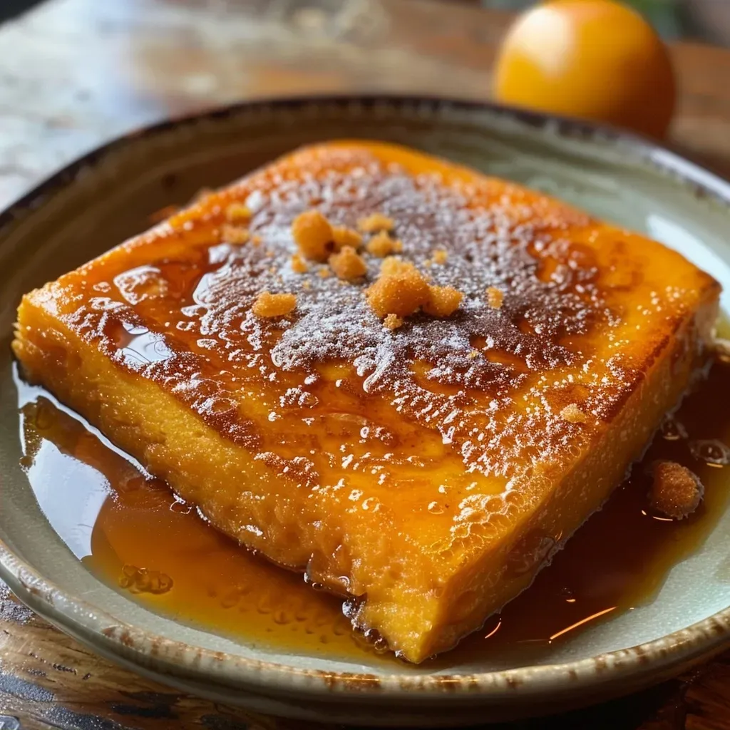 Vista lateral de un delicioso pudín de pan y calabaza.