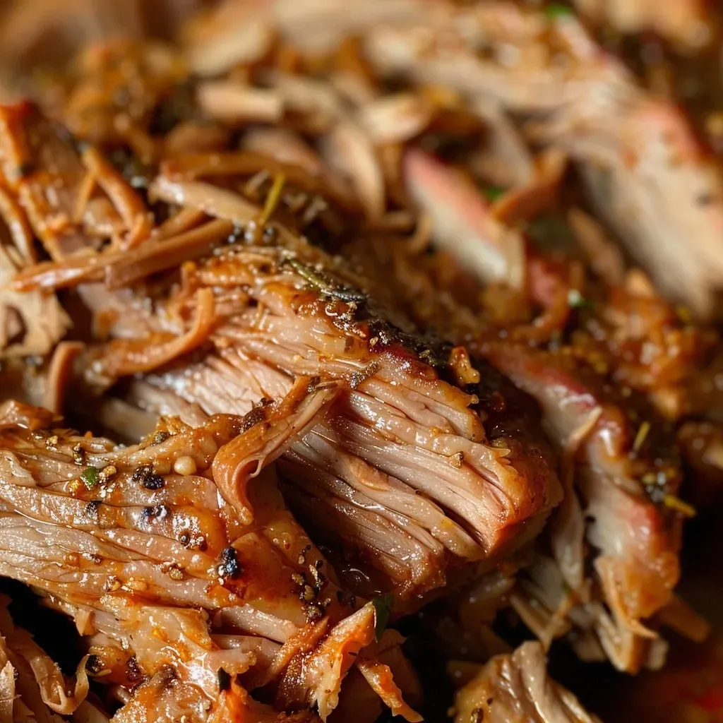 Pulled Pork jugoso y desmenuzado presentado en un plato.