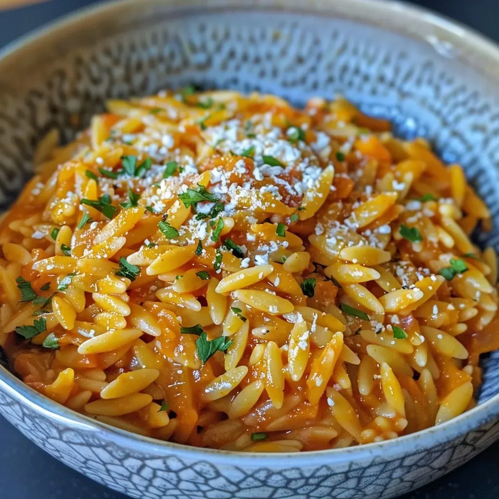 Primer plano de Pumpkin Orzo con textura cremosa.